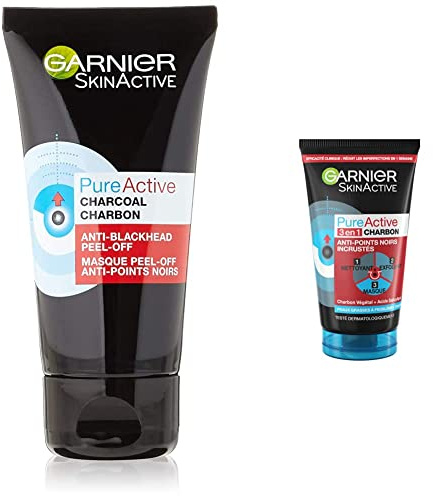 Garnier - SkinActive - Pure Active - Masque Peel-Off Anti-Points Noirs - Peaux Grasses à Imperfections - 50 ml & Garnier SkinActive - Nettoyant 3 en 1 Charbon Anti-Points Noirs Incrustés - 150 ml