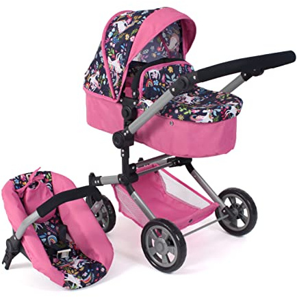 Bayer Chic 2000® 3in1 Kombi Puppenwagen Linus - Einhorn Navy-Pink- faltbar, höhenverstellbarer Griff 47-78 cm, mit Autositz – Puppen bis 52 cm, 4-8 J.