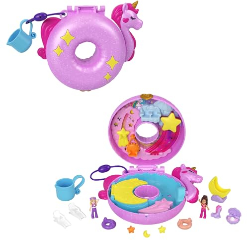 Polly Pocket Dolls and Playset, 12 Accessories, Unicorn Floatie Compact with Water Play and 2 Color-Change Pieces, HKV34