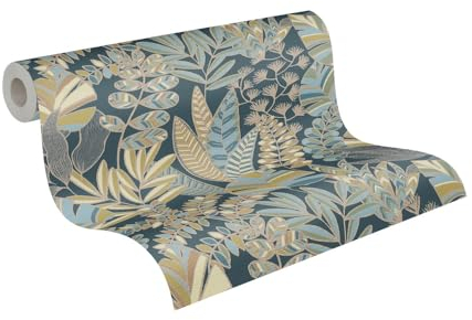 A.S. Création Tapete Floral Blau Gold Grün Gelb Antigua 390955 - Pflanzen Tapete Vliestapete - 10,05 m x 0,53 m Made in Germany
