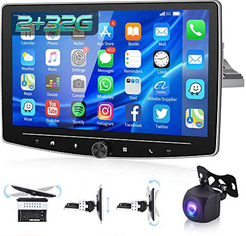 2+32G,Podofo Android 13 Autoradio 1 din mit 10 Zoll drehbarem Bildschirm physische Taste Mirror Link FM RDS Radio Doppel USB MIC AHD Rückfahrkamera RCA Kabel Subwoofer