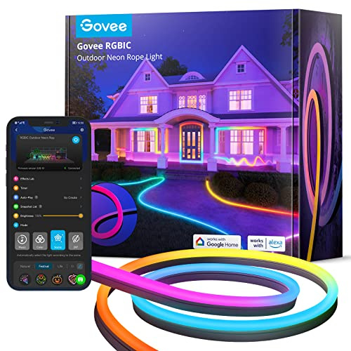 Govee Outdoor Neon Rope Lights, 32.8ft RGBIC IP67 Waterproof Patio Decorations with 64 Scene Modes, Music Sync, Flexible LED Outdoor Lights, Neon Lights Work with Alexa, Google Assistant