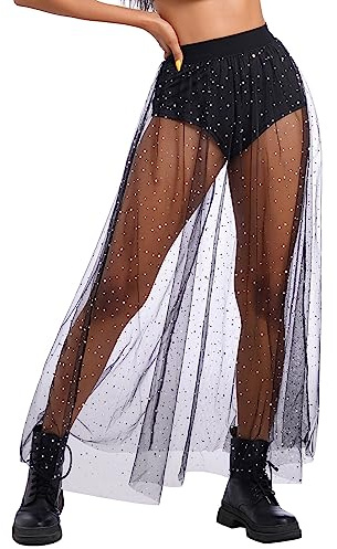 Damen Sexy 2 in 1 Transparent Mesh Rock Shorts High Waist Maxirock Glitzer Sterne Streetwear Clubwear