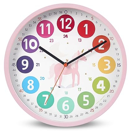 DASIAUTOEM Orologi per bambini, orologio educativo senza ticchettio, orologio da parete colorato 10 pollici, per cameretta dei bambini e aula (unicorno)