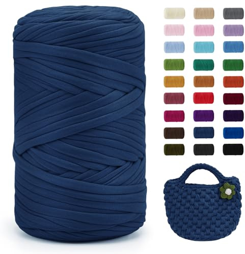 Uiopa Denim Blue T-Shirt Yarn, 400g/120m Elastic Fabric Crochet Cloth T Shirt Yarn, Chunky Hand Knitting Polyester Ribbon for Crocheting Bags/Baskets/Rugs, Home Decor, DIY Crafts