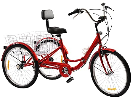 HANGKAI Dreirad für Erwachsene Dreirad 24 Zoll Fahrrad mit Korb 3-Rad Fahrrad für Erwachsene Erwachsene Dreirad 3-Rad Dreirad (Red)