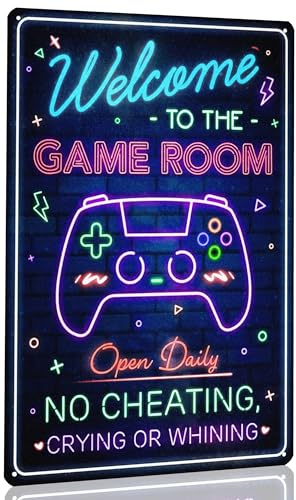 Duiseno Funny Rinted Neon Gaming Metal Poster for Gaming Room Wall Door Decor Gift for Teen Boy Boyfriend Welcome To The Game Room Sign 8 x 12 Inches