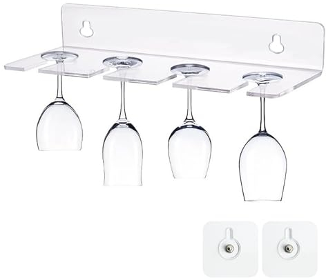 Porta Bicchiere da Vino Sospeso, Acrilico Portabicchieri Sospeso Trasparente Porta Bicchieri Contiene 4 Bicchieri da Vino Portacalici Sottomensola con Autoadesivo per Cucina Bar Ristorante, 1 Pezzi