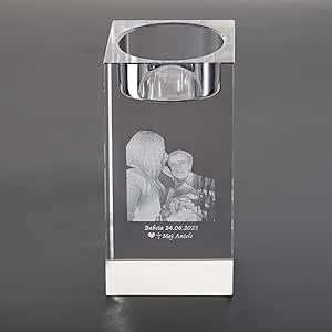 Personalisierter 3D-Foto-Kristall-Kerzenhalter mit individueller Gravur, Kristall-Kandelaber mit Bildtext, Porträt, Gedenk-Teelichthalter, Kerzenhalter, Dekoration für Hochzeit, Geburtstag,