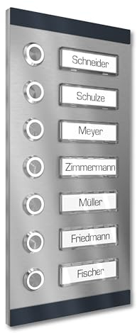 Graviers Design Aufputz Türklingel für Mehrfamilienhaus 7 Namensschilder austauschbar - V2A Edelstahl Klingel 140x290 mm Pulverbeschichtet RAL 7016 - Beleuchtung wählbar LED Taster