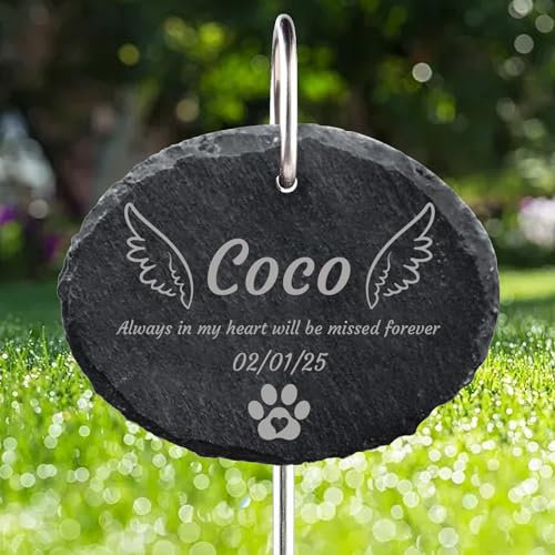 Jodimitty Personalised Pet Memorial Plaque with Hook Stake, Custom Name & Life Span & Message & Pattern, Engraved Plaques Stand Grave Stones Dog Cat Memorial Gifts Keepsakes (Oval)