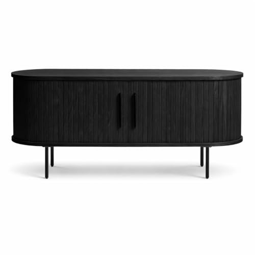 Liadomo Lowboard 120 cm, Uriel, TV-Schrank, Schwarz | TV-Board, TV-Möbel, Kommode, Eiche Furnier, Lamellen-Optik, Stauraum, Schiebetüren, 2 Einlegeböden, hohe Metallbeine