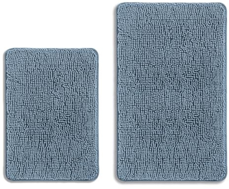 PureSwan Set di Tappeti da Bagno Blu 2 Pezzi – Tappetino da Bagno Assorbente e Lavabile, Antiscivolo, Spesso e Morbido in Chenille per Pavimento del Bagno, Doccia, Lavandino - 43,2 x 61+50,8 x 81,3 cm