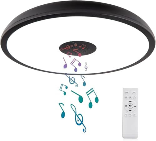 Horevo Plafonnier LED de Salle de Bain avec Télécommande, IP65, Diamètre : 28 cm, Lumière à Intensité Variable, avec Haut-Parleur Bluetooth, Lampe de Salle de Bain étanche avec Adaptateur à vis E27