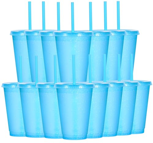 Yisituo 480ml Reusable Plastic Cups, 15 Pack of Kids Tumbler with Lid and Straw, for Cold Drinks, Iced Coffee, Travel and Smoothies (15, Glitter Light Blue)