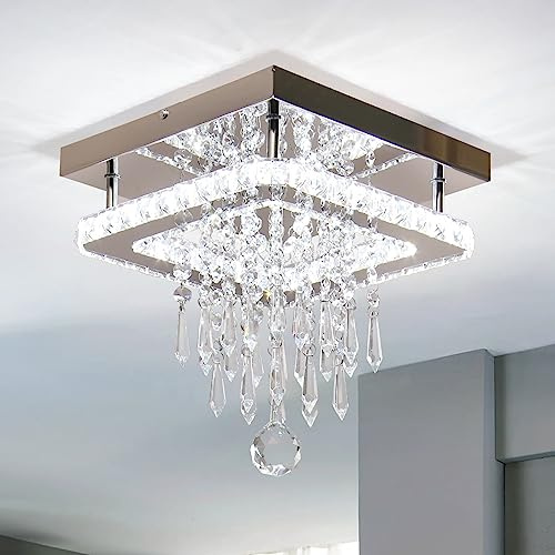 FRIXCHUR Quadratischer Kristall LED Kronleuchter, Kaltweiß, Deckenleuchte | Moderne Kristall-Deckenleuchte zur bündigen Montage für Esszimmer, Schlafzimmer, Wohnzimmer und Flur; kaltweißes LED-Licht