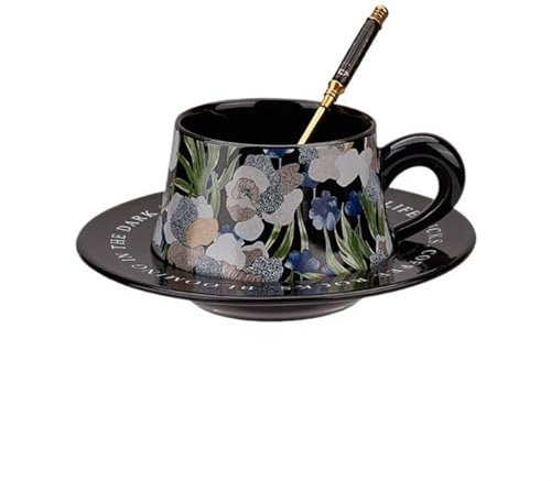 ZXFIYTBH Tasses Tasse et Soucoupe en céramique à Motif d'iris Vintage, Tasse à café, Tasse à thé de l'après-midi de Grande Valeur, 260ml Café Boisson Tasse(Noir)