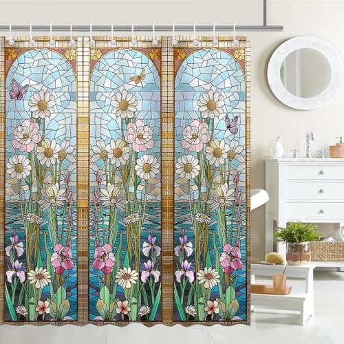 Avezano Stained Glass Butterfly Garden Shower Curtain - Decorative Floral Waterproof Fabric, 12 Hooks, 72 x 72 Inch