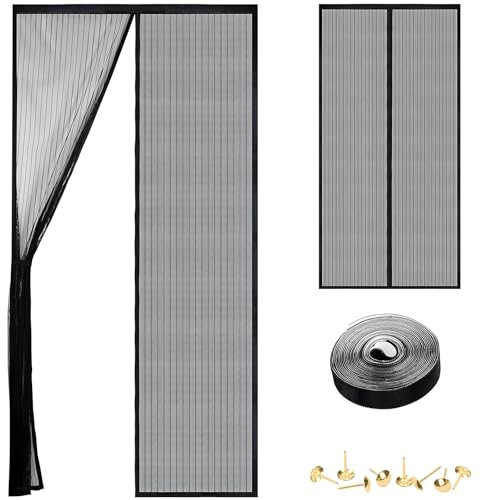Door Fly Screen, Magnetic Doors Screen with 9 Pairs Magnets & Hook & Loop Tape, Fly Screen Door Curtain 90 x 210 cm for Home/Office/Hotel, Includes Pushpins & Door Mesh Insect Screens (Black)