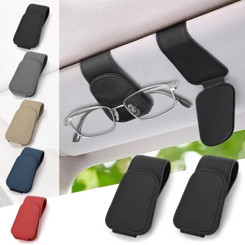 JINYJIA 2 Pack Brillenhalter für Auto,Leder Sonnenbrillenhalter Auto,Magnetische Auto Brillenhalter Universal, Auto Visier Zubehör Sonnenbrillen Halterung,2pcs Schwarz