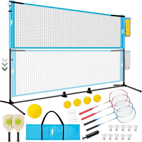 KIKILIVE Badminton Net Set, Volleyball Net set, Pickleball Net Set Adjustable Height, Portable Set for Tennis Soccer with Volleyball & Pickleball Paddles & Badminton Rackets, for Indoor Outdoor Gam