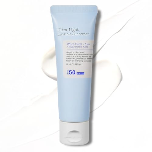 Ultra Light Invisible Sunscreen,SPF50 PA++++, Pas d'écran solaire White Cast, léger et à absorption rapide, hydratation boost pour peau endommagée par le soleil, protection UV