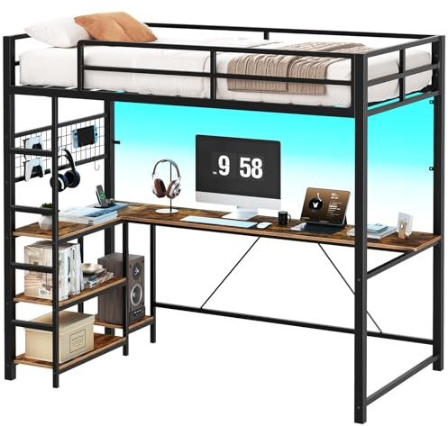 HOOBRO Twin Size Loft Bed with Ladder and Guardrail, Metal Bunk Bed with Desk, LED Lights and Charging Station for Teens, Adults, Space Saving, No Box Spring Needed, Black and Rustic Brown