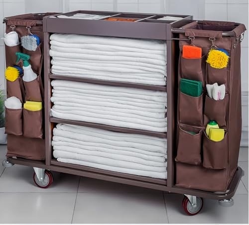 Multifunctional Housekeeping Caddy, Compact Service Trolley, Hotel Cleaning Cart with Removable Canvas Bags & Locking Wheels for Housekeeping Hotels Apartment