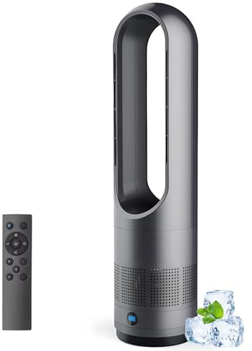 Ventilador De Torre Caliente Y Fría Con Control Remoto, Ventilador Sin Aspas De 18 Pulgadas Oscilante 80°, 8 Velocidades, Temporizador 8h, Pantalla Led, Ventiladores Pie Purificadores Aire Portá gray