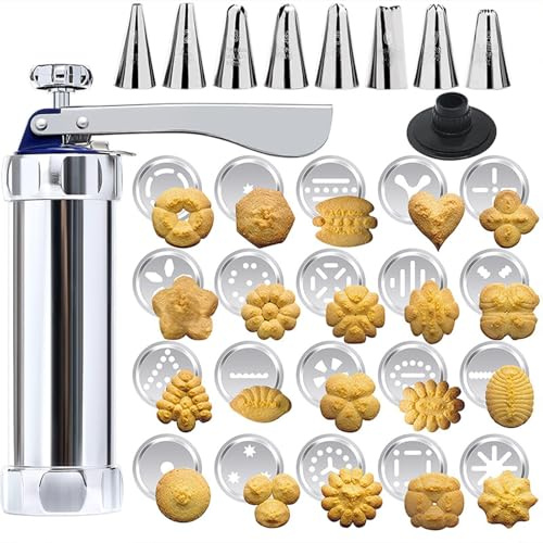 RQcMid Gadgets Zum Keksbacken, Gebäckpresse Mit 20 Aufsätzen Und 8 Edelstahl-Düsen, Spritzgebäck Maschine Für Kekse Und Plätzchen, Ideal Für Haushalt Und Bäckerei