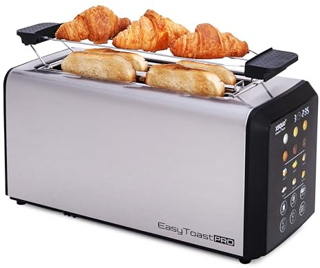 Grille-pain Intelligent Easy Toast Pro avec Écran Tactile - Toaster Motorisé (Auto-Lift), Fente Longue 26cm pour Baguette, 6 Modes & Niveaux de Dorage, Compte à Rebours, Inox