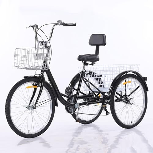 WhFKLca Dreirad für Erwachsene mit 7 Gängen, 3 Räder mit abnehmbaren Körben vorne und hinten, 24-Zoll-Cruiser-Dreirad für Freizeit, Einkaufen und Transport Black