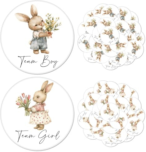 50 Pcs Spring Eatser Gender Reveal Badges Button Pins Cute Bunny Team Boy or Girl Pins Rabbit He or She Gender Reveal Decorations Pin Badge for Baby Shower Party Favor Game Supplies, 1.7 In (50, Bunny)
