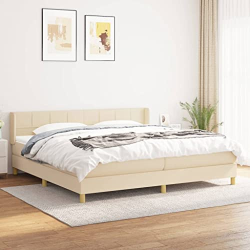 Mokuyary resårsäng med madrass, krämfärgad, 200 x 200 cm, tyg, sängram, säng med ribbotten, plattform, sängram, enkel montering för sovrum, gästrum – O