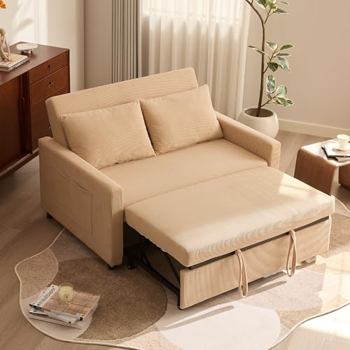 Litbird Schlafsofa 2-Sitzer, 3-in-1 ausziehbares Sofa Bett, Cordstoff Schlafcouch mit Verstellbarer Rückenlehne und Seitentaschen, für Wohnzimmer und Gästezimmer,Hellbraun