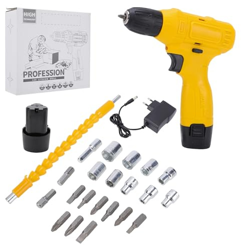 Horett Kit de Taladro Inalámbrico de 12V, Destornillador Eléctrico con Portabrocas 3/8, Diseño Ergonómico Compacto, Luz LED, Cargador Batería, Herramientas Profesionales para (Enchufe europeo)
