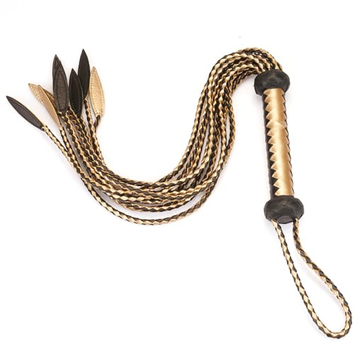 Frustino in pelle a nove code di gatto – Attrezzatura artigianale per cavalli di alta qualità per allenamento ed equitazione, lunghezza manico 23 cm, lunghezza coda 59 cm