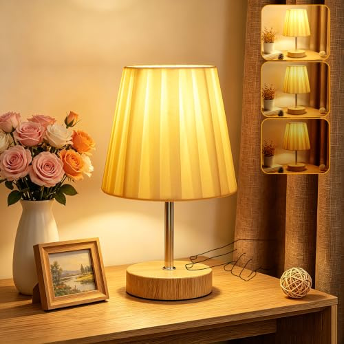 Suright Lámpara de Mesita de Noche Táctil con 3 Niveles de Brillo Regulable, Pantalla de Tela Plisada, Luz de Mesa para Dormitorio, Salón, Oficina y Habitación Infantil, Bombilla Incluida