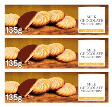 Milk Chocolate Viennese Thins, Light & Delicate Biscuits, Vegetarian-Suitable, 135g, Pack of 3