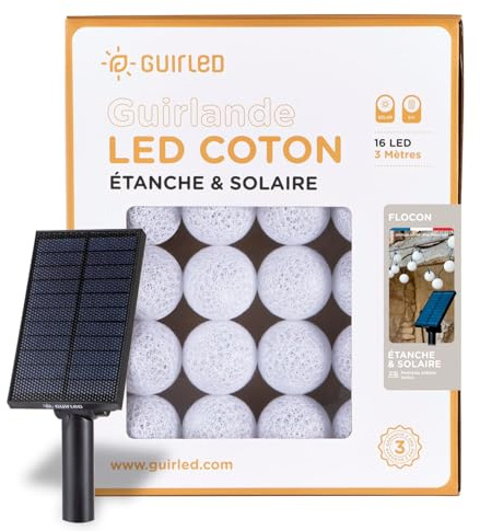 GuirLED - Außengirlande mit Lichtkugeln LED-Guinguette - Wasserdicht IP65 - Hocheffizientes Solarpanel - Automatisches EIN/AUS - 16 Kugeln 3 m- Flokon