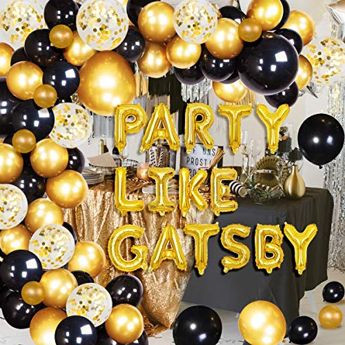 Great Gatsby Party-Dekorationen, Partydekoration wie Gatsby-Luftballons, schwarz-goldfarben, Ballon-Girlande, Bogen-Set, Retro, brüllende 20er-Jahre-Party-Dekorationen für Damen und Herren
