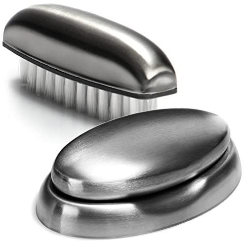 com-four® 3-teiliges Edelstahl-Reinigungs-Set - Handbürste und Anti-Geruch-Seife mit Ablageschale - zur Reinigung von Hand-, Fuß- und Fingernägeln - entfernt Gerüche (02 Stück - Bürste + Seife/Schale)