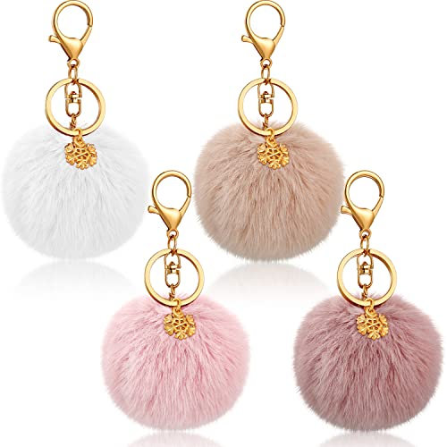 4 Stücke Pom Pom Schlüsselanhänger 3 Zoll Kunstpelz Ball Schlüsselringe mit Schneeflocke Anhänger und Offenen Sprungringen Schlüsselanhänger für Damen Tasche Zubehör Geburtstag