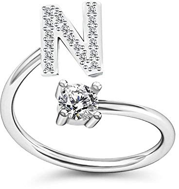 Bungsa BUCHSTABEN RING silber mit Kristallen - biegbarer Fingerring/Zehenring Toering für Damen, Kinder & Herren - A B C D E F G H I J K L M N O P R S T U V W Z