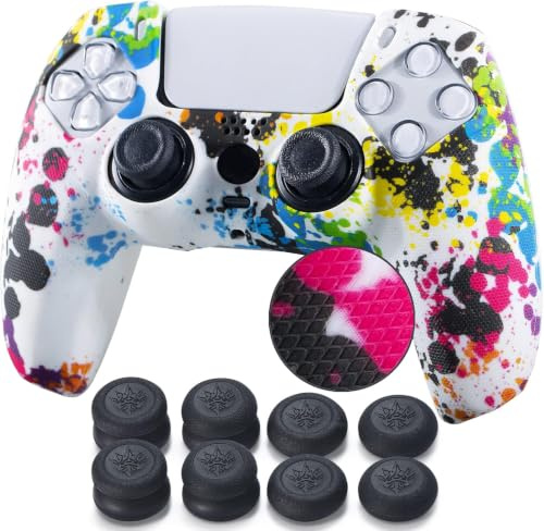 Yorha Studded Drucken Silikon Hülle Abdeckungs Haut Kasten für PS5 Controller x 1 (Graffiti) Mit Pro aufsätze Thumb Grips x 10