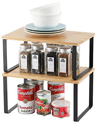 Nandae Küchenregal, Schrank Organizer,Gewürzregale,Regaleinsatz Küchen Organizer aus Bambus Stapelbarer Erweiterbar Regal für Küchenschrank für Zuhause Küche 2er-Set Schwarz