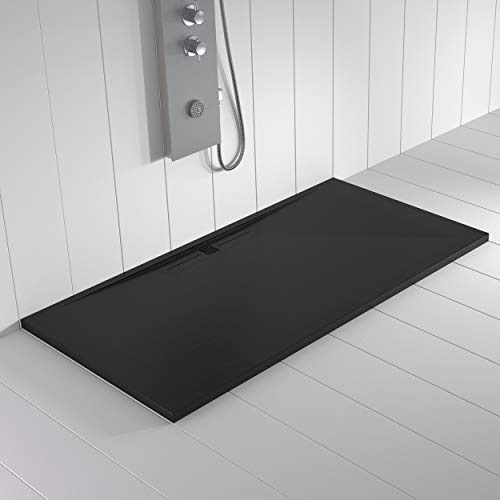 Piatto doccia in resina WIDE scarico lineare laterale Colore Nero 150x70 finitura effetto ardesia antiscivolo, griglia dello stesso colore e piletta