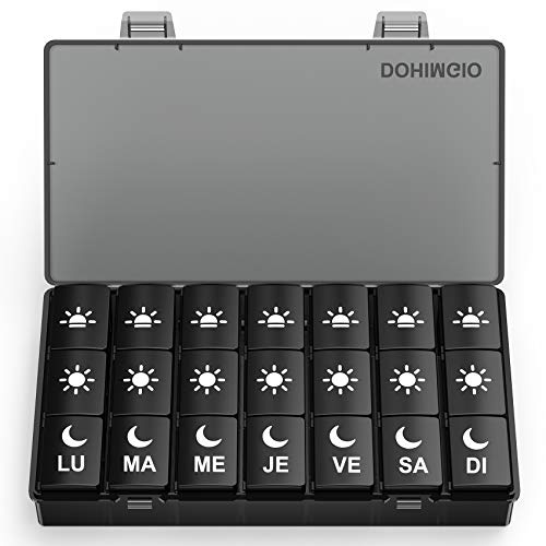 Pilulier Semainier Français Matin Midi Soir, Grand Pilluliers Medicaments 7 Jours 3 Compartiments Pilulier Hebdomadaire 3 Fois par Jour (Noir - FR)