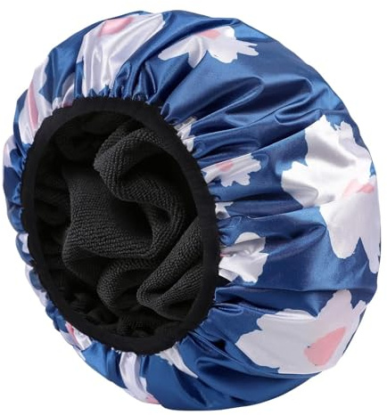 Cuffia da doccia a triplo strato, foderata in spugna, extra large, riutilizzabile, con fodera in microfibra, impermeabile, in EVA, lavabile, per capelli lunghi, trecce, capelli spessi, colore: blu