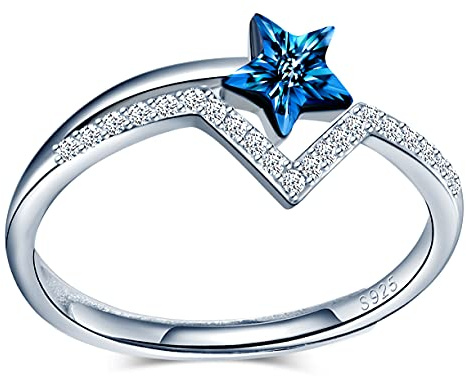 MicVivien Bague étoile en argent 925 avec zircon cubique étoile de cristal bleu bague de fiançailles pour les femmes filles, adjustable